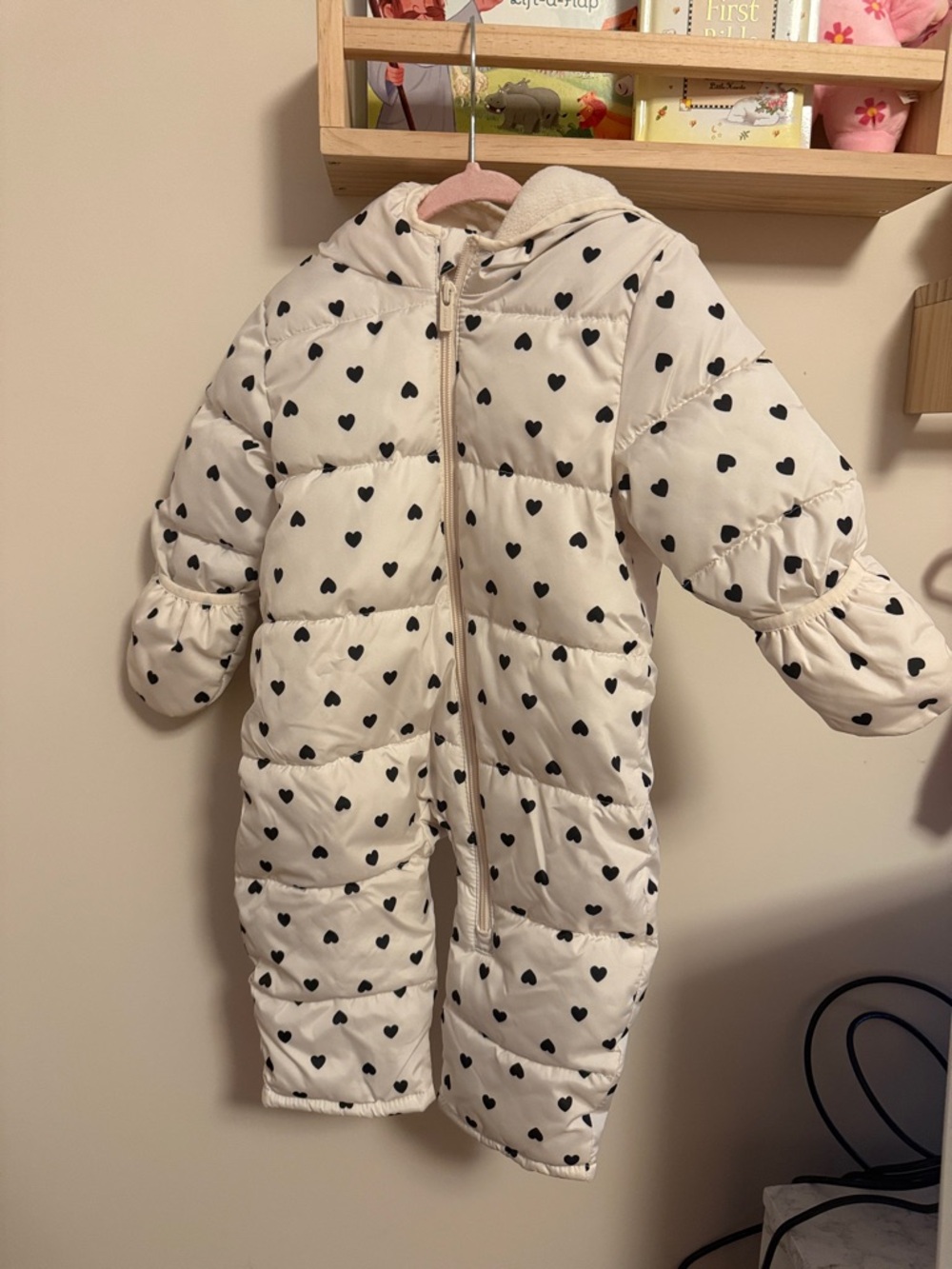 Kids Hooded Puffer Coat with Heart Print - White